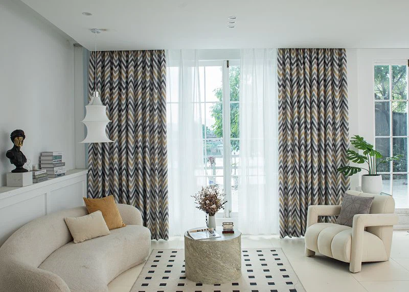 ミレーリネンカーテン生地 波模様プリント